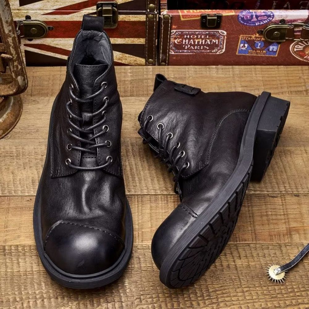 Bottes Pour Hommes Luxe À Lacets Cuir Vache Bout Rond - Noir