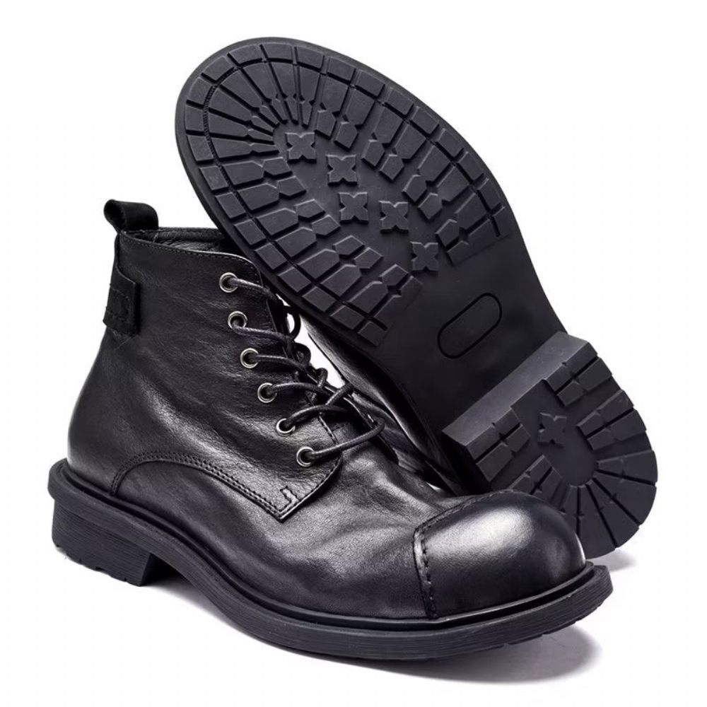 Bottes Pour Hommes Luxe À Lacets Cuir Vache Bout Rond - Noir