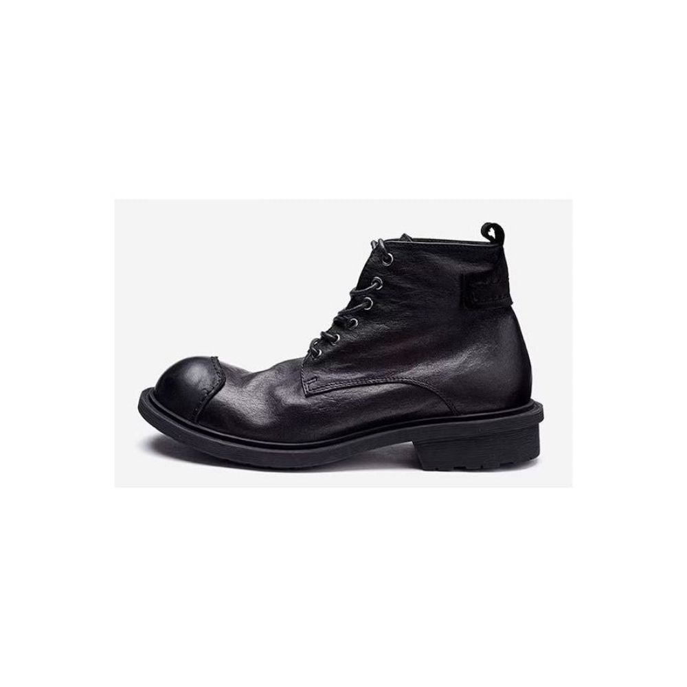 Bottes Pour Hommes Luxe À Lacets Cuir Vache Bout Rond - Noir