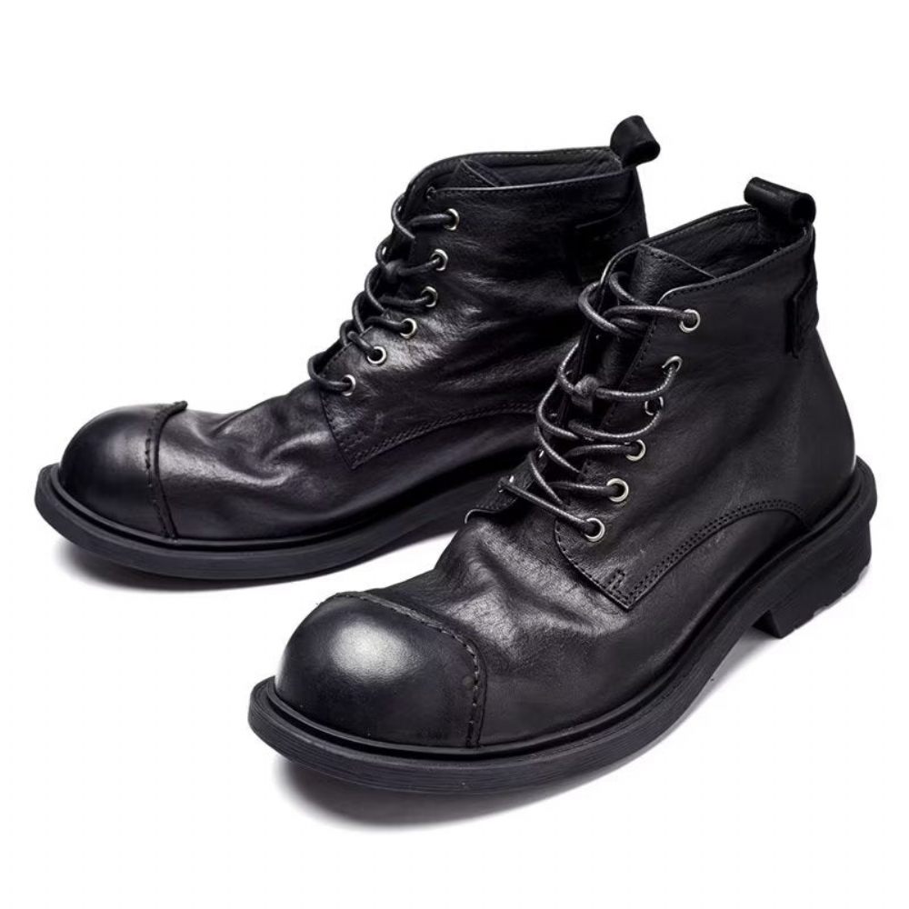 Bottes Pour Hommes Luxe À Lacets Cuir Vache Bout Rond - Noir