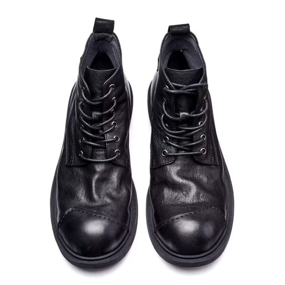 Bottes Pour Hommes Luxe À Lacets Cuir Vache Bout Rond - Noir