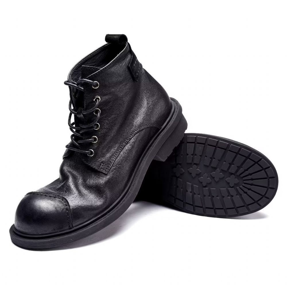 Bottes Pour Hommes Luxe À Lacets Cuir Vache Bout Rond - Noir