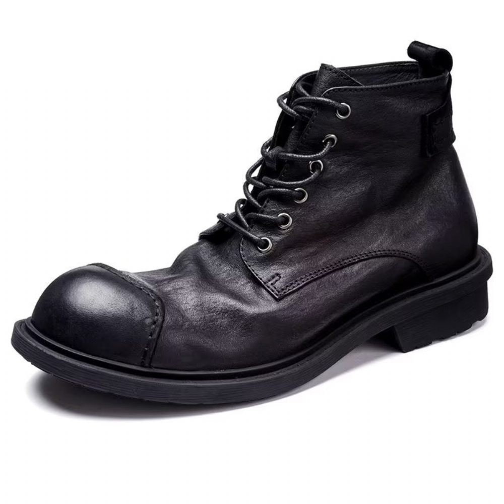 Bottes Pour Hommes Luxe À Lacets Cuir Vache Bout Rond - Noir