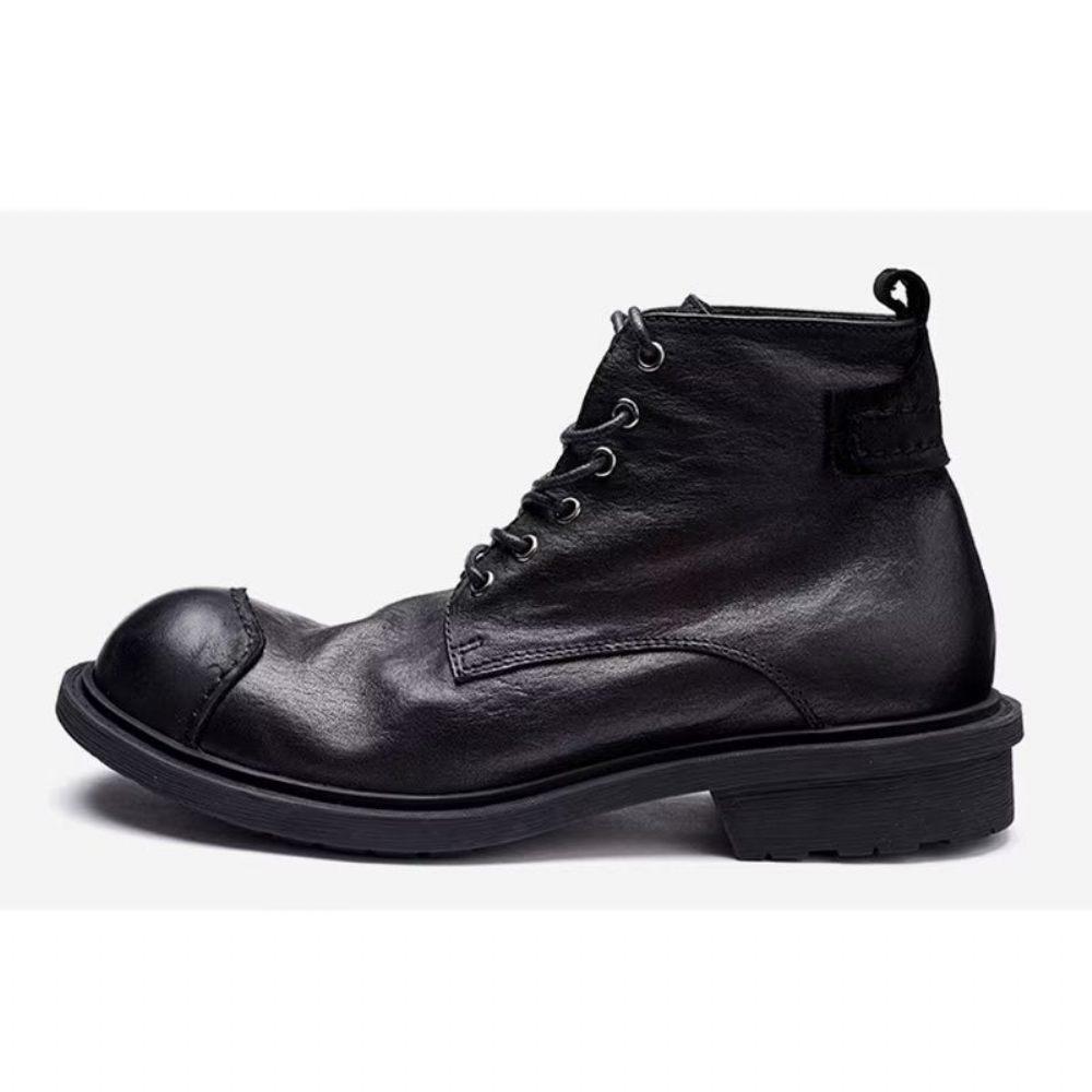 Bottes Pour Hommes Luxe À Lacets Cuir Vache Bout Rond - Noir