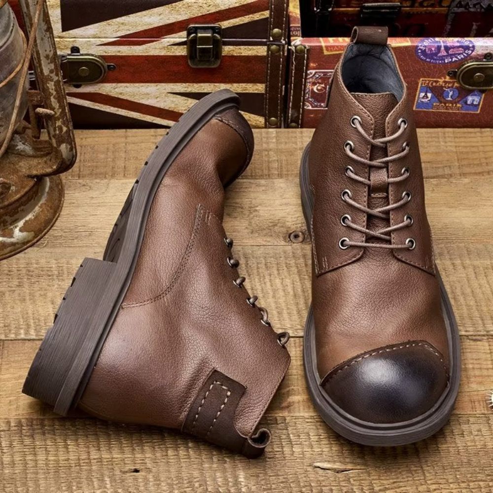 Bottes Pour Hommes Luxe À Lacets Cuir Vache Bout Rond - Café