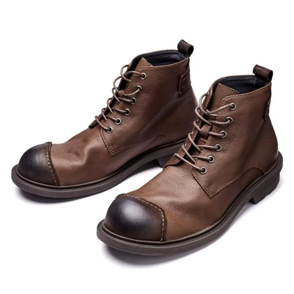 Bottes Pour Hommes Luxe À Lacets Cuir Vache Bout Rond - Café