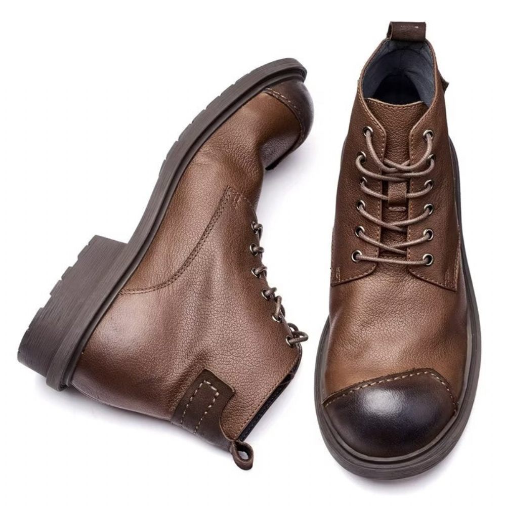 Bottes Pour Hommes Luxe À Lacets Cuir Vache Bout Rond - Café