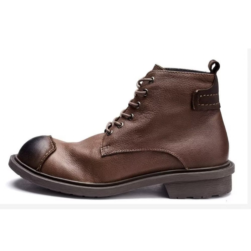 Bottes Pour Hommes Luxe À Lacets Cuir Vache Bout Rond - Café