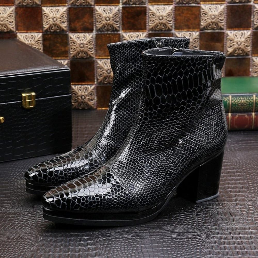 Bottes Pour Hommes Luxe Serpent Bout Pointu Cowboy À Talons Hauts - Noir