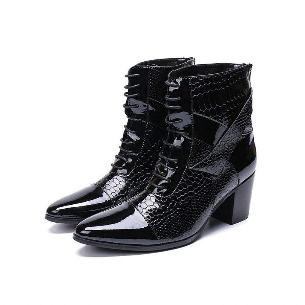 Bottes Pour Hommes Luxe Serpent Bout Pointu Cowboy À Talons Hauts - Noir 2