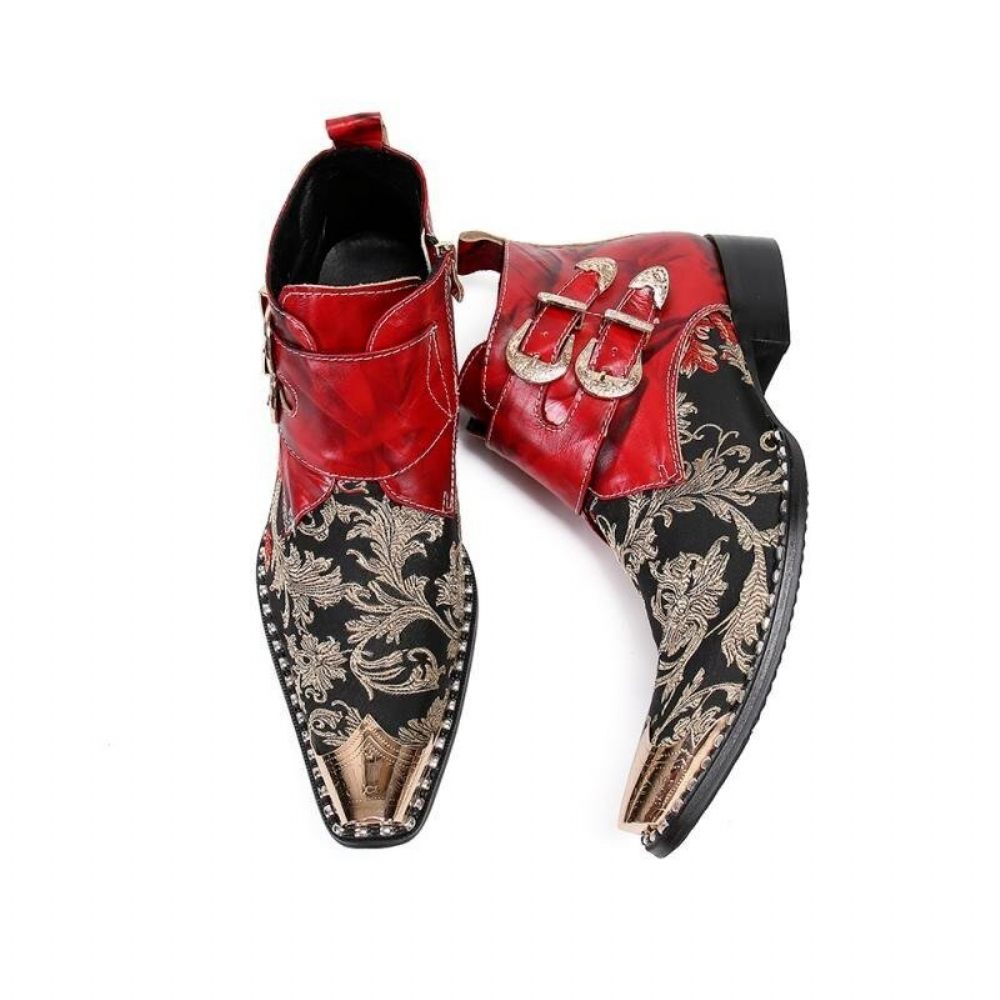 Bottes Pour Hommes Mocassins Cuir Fête Occidentale À Bout Métal Exotique - Rouge