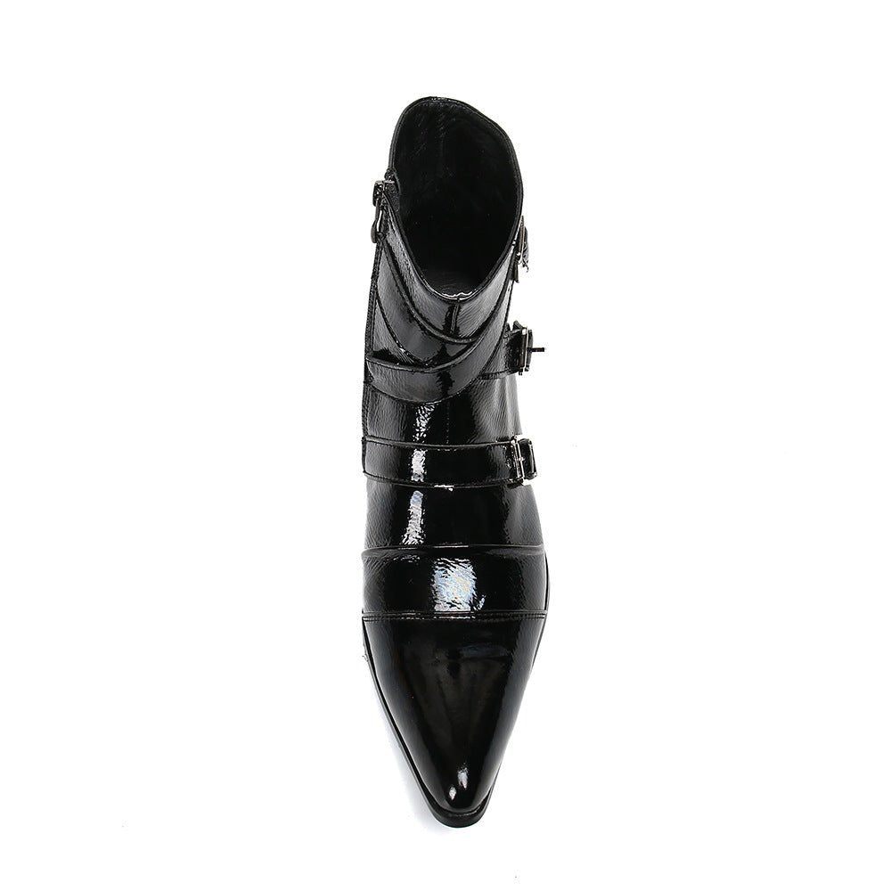 Bottes Pour Hommes Mocassins Cuir Punk Occidental À Bout Métal Exotique - Noir