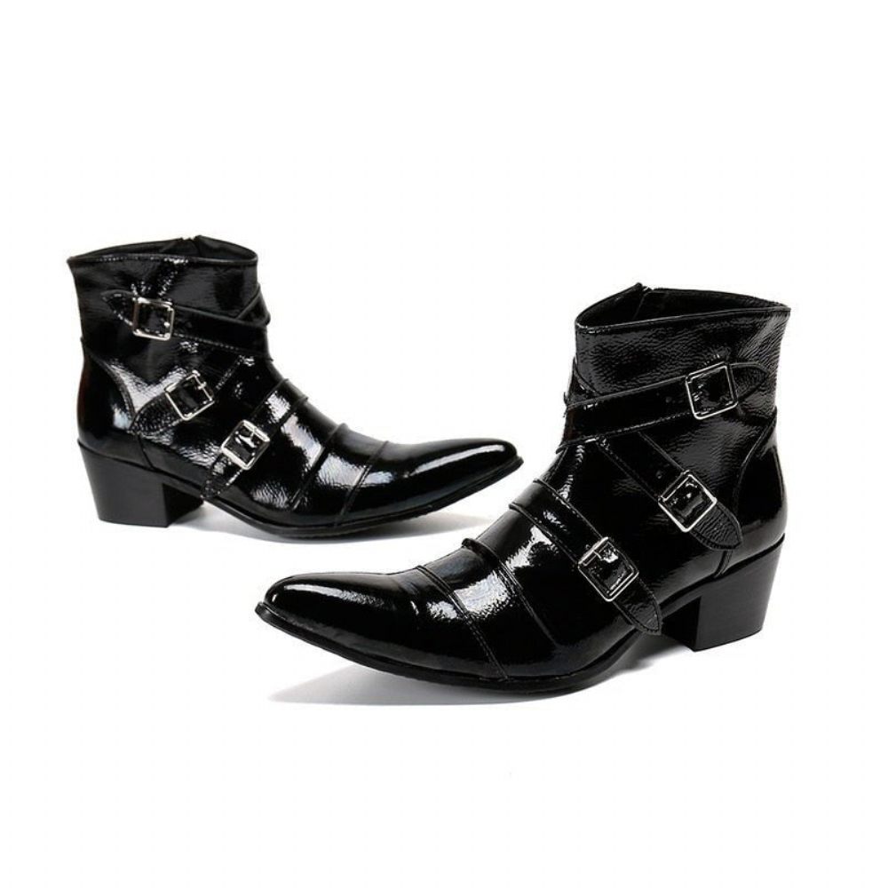 Bottes Pour Hommes Mocassins Cuir Punk Occidental À Bout Métal Exotique - Noir