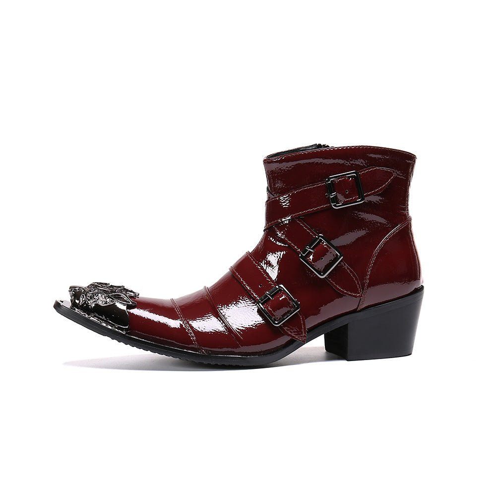 Bottes Pour Hommes Mocassins Cuir Punk Occidental À Bout Métal Exotique - Rouge 1