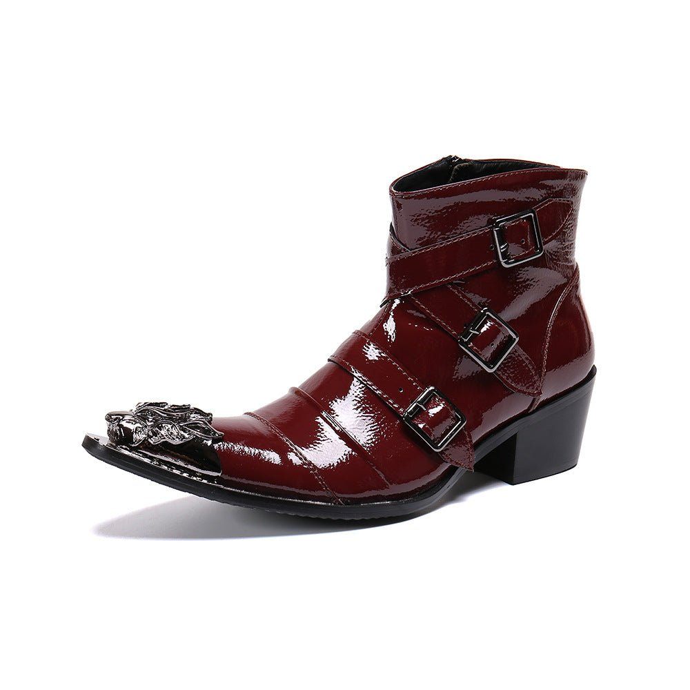 Bottes Pour Hommes Mocassins Cuir Punk Occidental À Bout Métal Exotique - Rouge 1