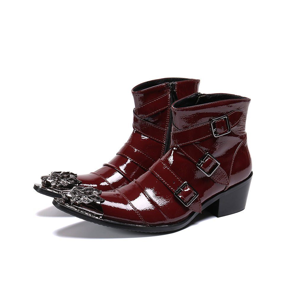 Bottes Pour Hommes Mocassins Cuir Punk Occidental À Bout Métal Exotique - Rouge 1