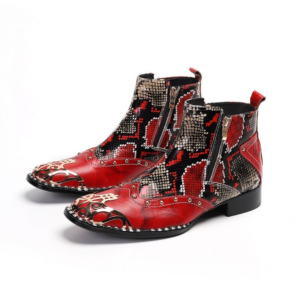 Bottes Pour Hommes Mocassins Fête Chics À Talons Carrés Peau Serpent - Rouge