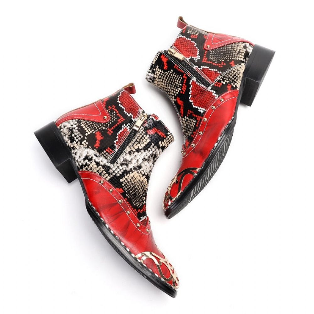 Bottes Pour Hommes Mocassins Fête Chics À Talons Carrés Peau Serpent - Rouge