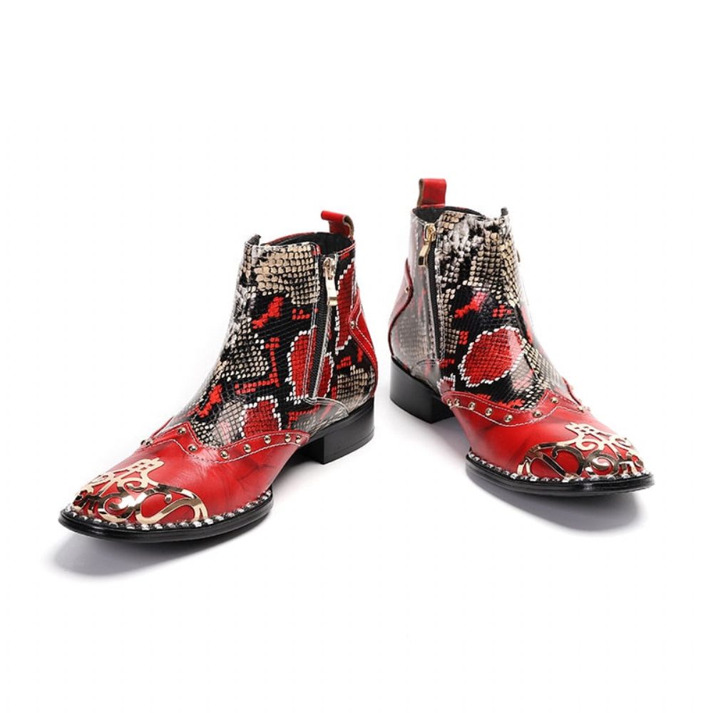 Bottes Pour Hommes Mocassins Fête Chics À Talons Carrés Peau Serpent - Rouge