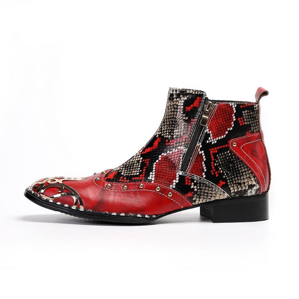 Bottes Pour Hommes Mocassins Fête Chics À Talons Carrés Peau Serpent - Rouge