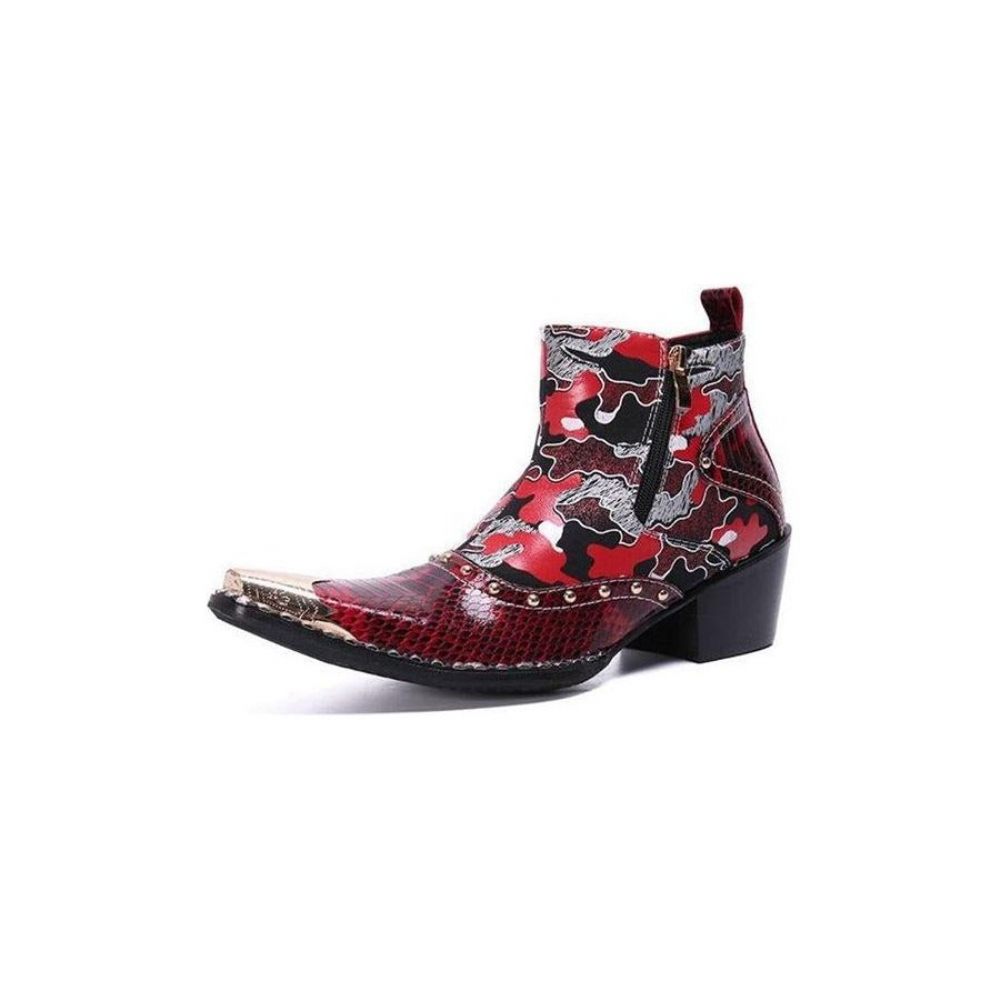 Bottes Pour Hommes Mocassins Habillés Cuir À Talons Hauts Chics Peau Serpent - Rouge