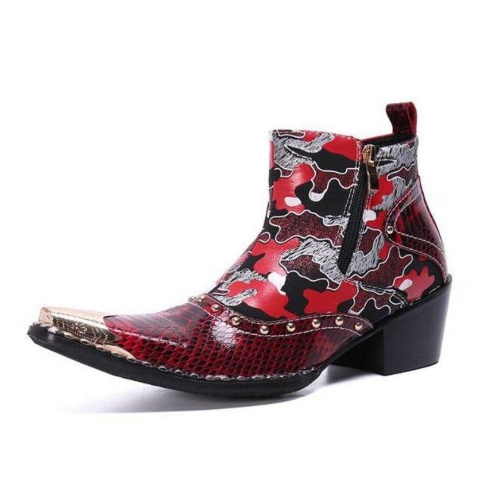 Bottes Pour Hommes Mocassins Habillés Cuir À Talons Hauts Chics Peau Serpent - Rouge