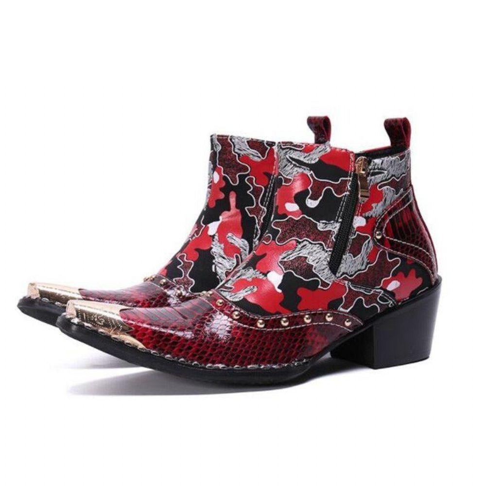 Bottes Pour Hommes Mocassins Habillés Cuir À Talons Hauts Chics Peau Serpent - Rouge