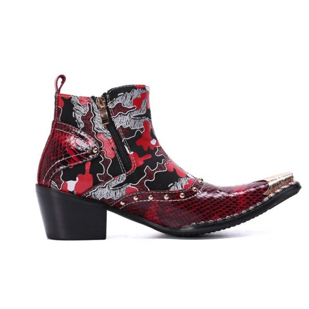 Bottes Pour Hommes Mocassins Habillés Cuir À Talons Hauts Chics Peau Serpent - Rouge