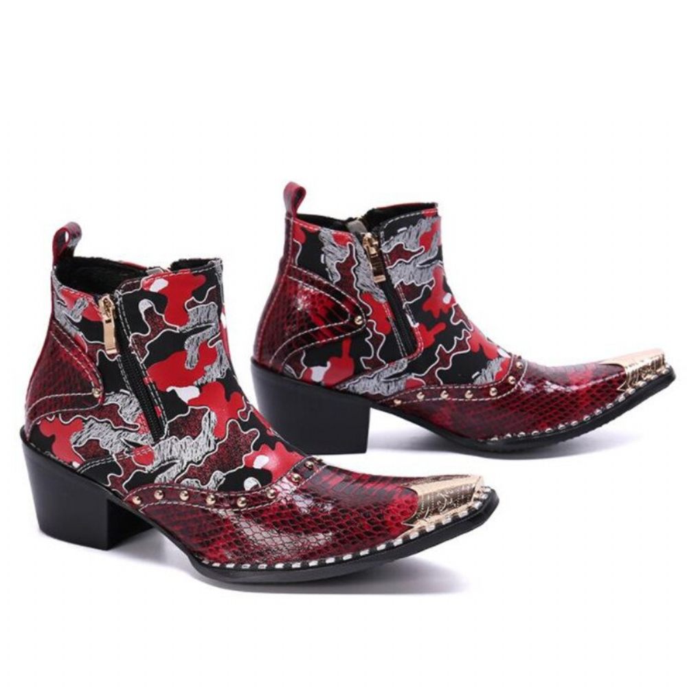 Bottes Pour Hommes Mocassins Habillés Cuir À Talons Hauts Chics Peau Serpent - Rouge