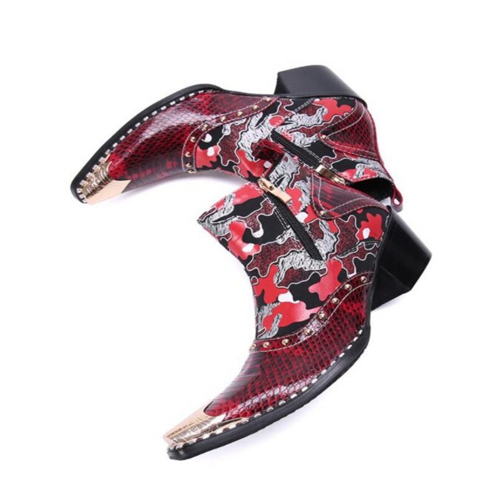 Bottes Pour Hommes Mocassins Habillés Cuir À Talons Hauts Chics Peau Serpent - Rouge