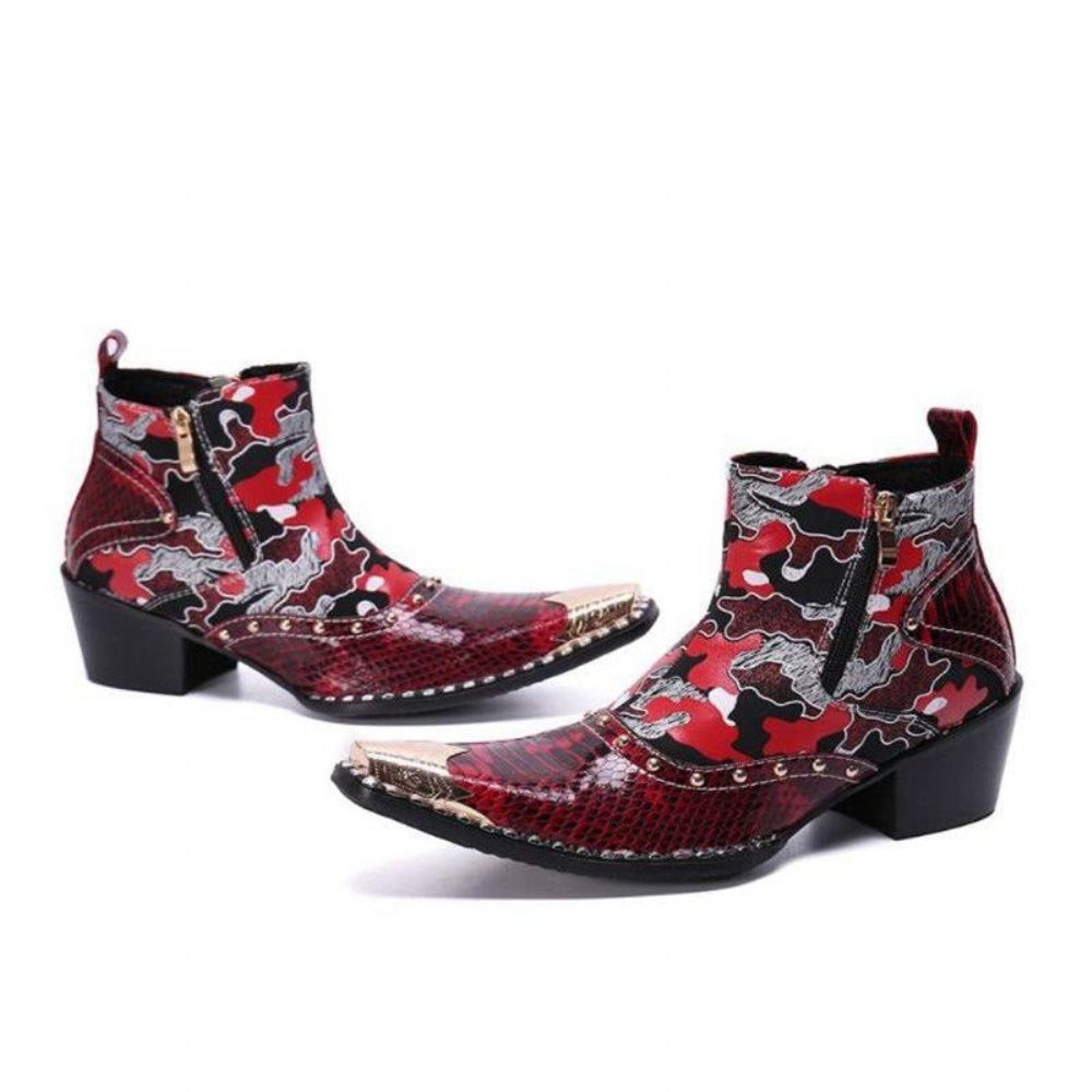 Bottes Pour Hommes Mocassins Habillés Cuir À Talons Hauts Chics Peau Serpent - Rouge