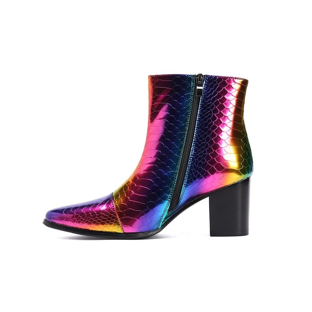 Bottes Pour Hommes Mocassins Habillés Cuir À Talons Hauts Peau Serpent - Multicolore