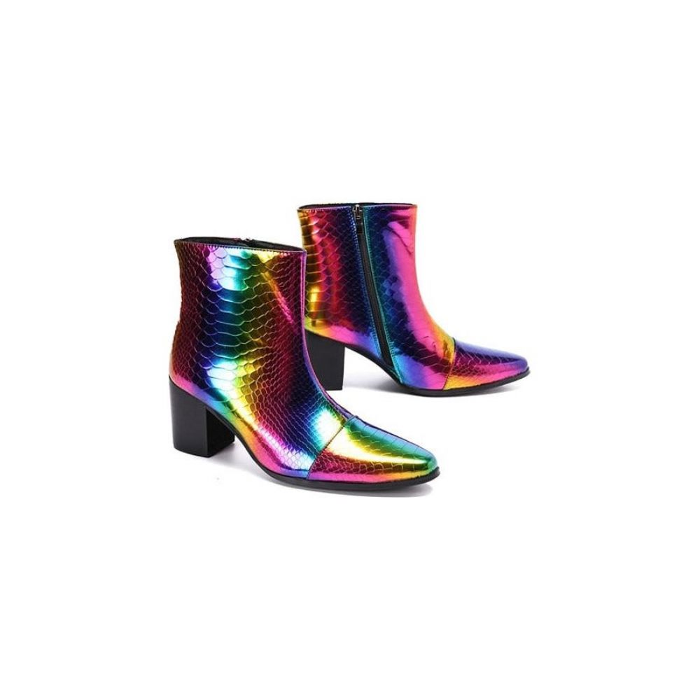 Bottes Pour Hommes Mocassins Habillés Cuir À Talons Hauts Peau Serpent - Multicolore