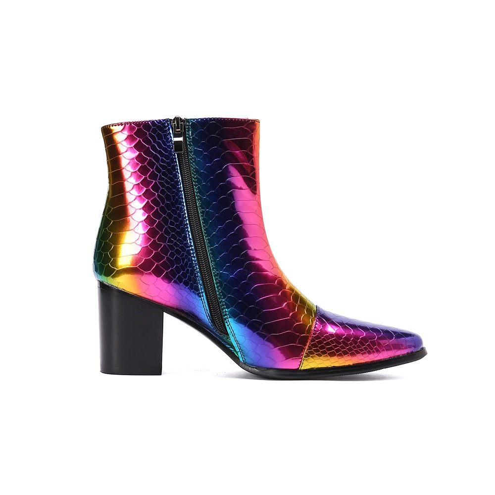 Bottes Pour Hommes Mocassins Habillés Cuir À Talons Hauts Peau Serpent - Multicolore