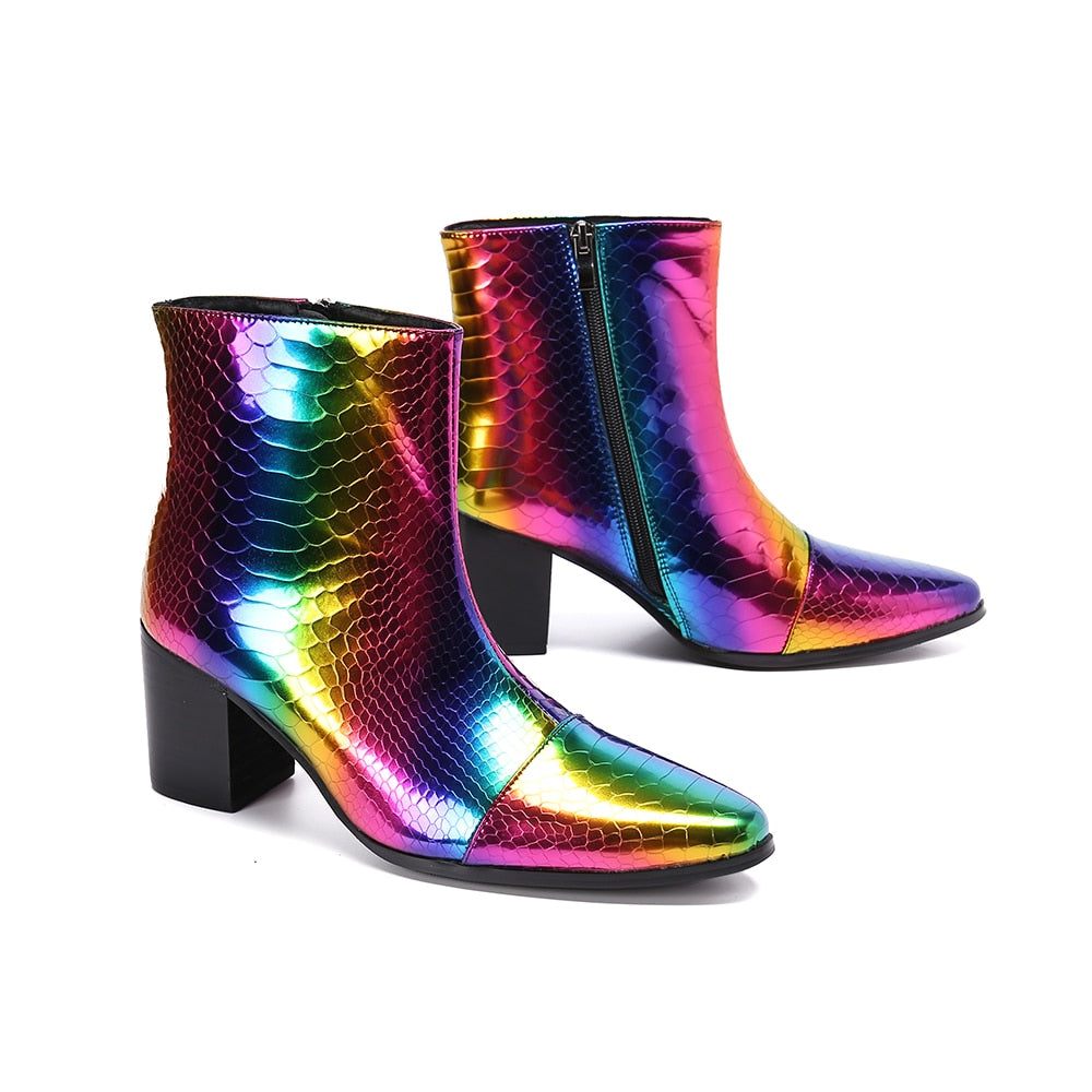 Bottes Pour Hommes Mocassins Habillés Cuir À Talons Hauts Peau Serpent - Multicolore