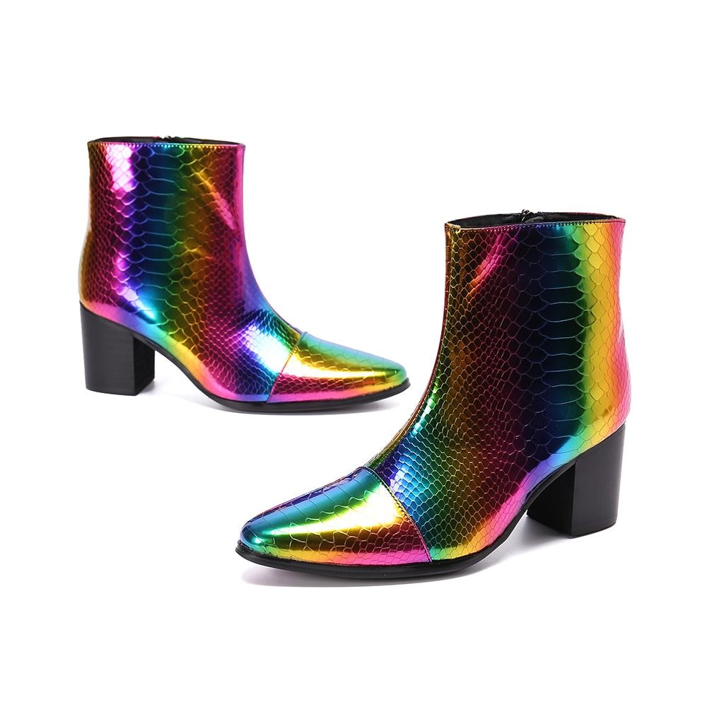 Bottes Pour Hommes Mocassins Habillés Cuir À Talons Hauts Peau Serpent - Multicolore