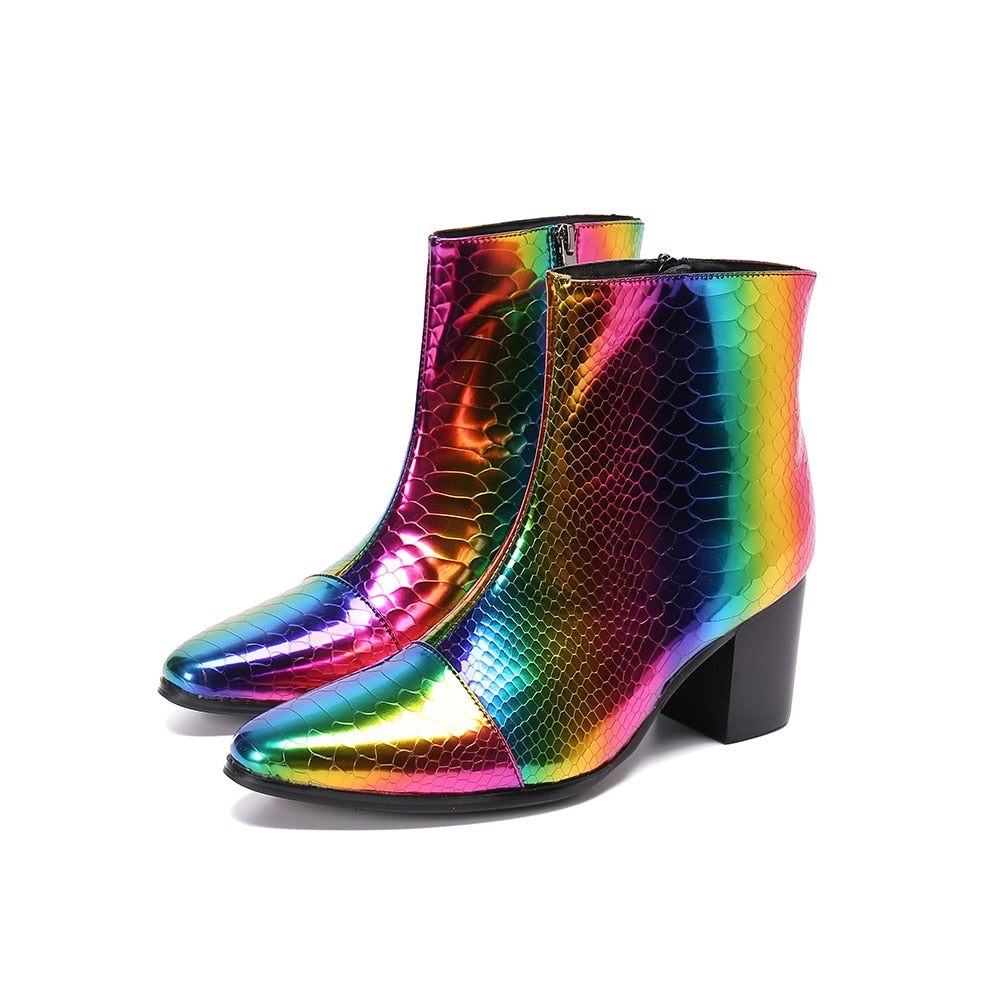 Bottes Pour Hommes Mocassins Habillés Cuir À Talons Hauts Peau Serpent - Multicolore