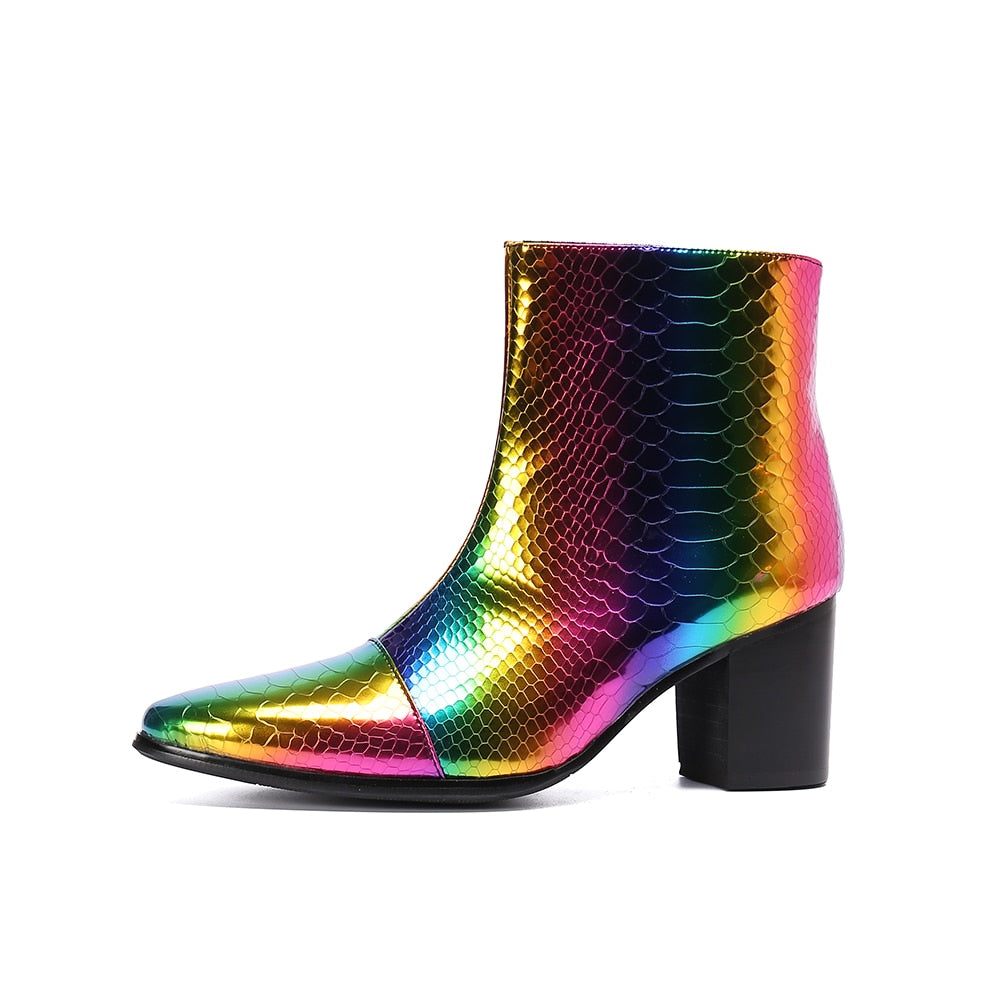 Bottes Pour Hommes Mocassins Habillés Cuir À Talons Hauts Peau Serpent - Multicolore