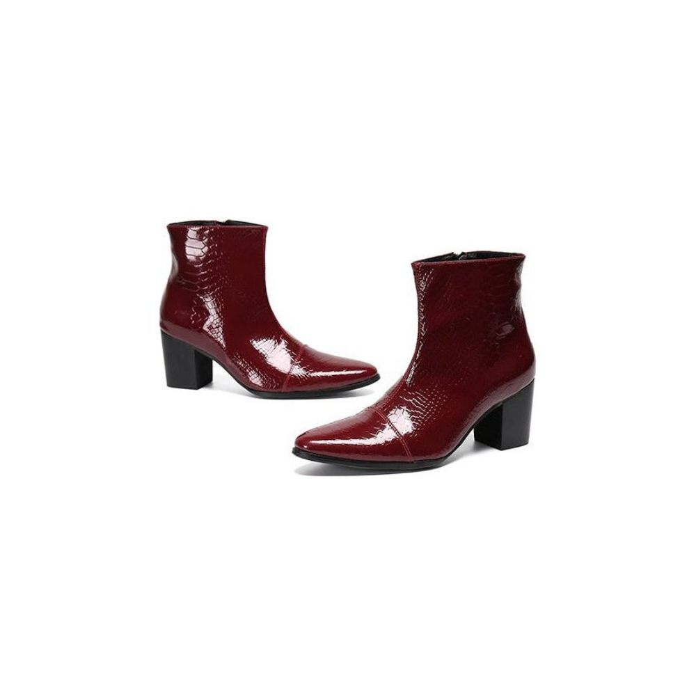 Bottes Pour Hommes Mocassins Habillés Cuir À Talons Hauts Peau Serpent - Rouge