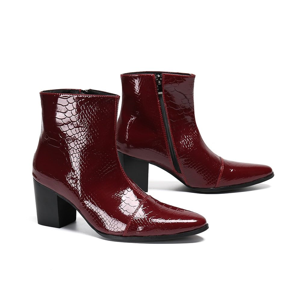 Bottes Pour Hommes Mocassins Habillés Cuir À Talons Hauts Peau Serpent - Rouge