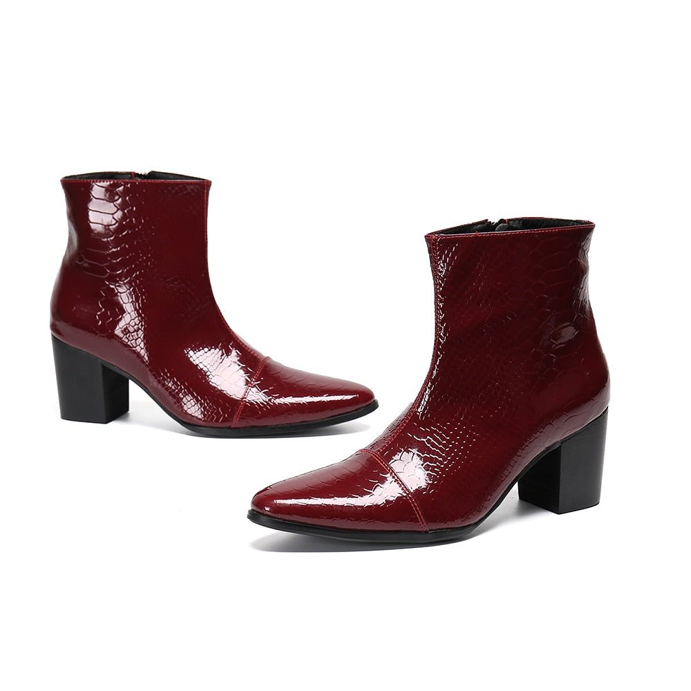 Bottes Pour Hommes Mocassins Habillés Cuir À Talons Hauts Peau Serpent - Rouge