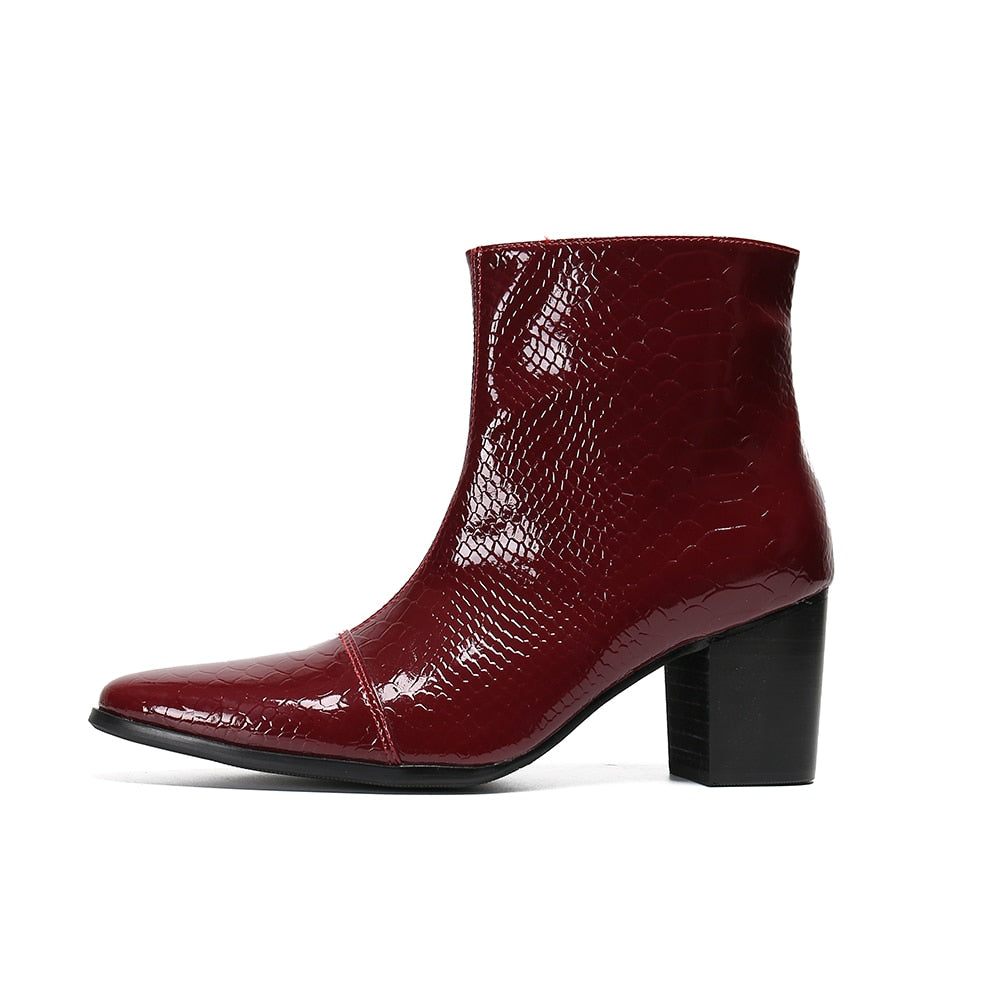 Bottes Pour Hommes Mocassins Habillés Cuir À Talons Hauts Peau Serpent - Rouge