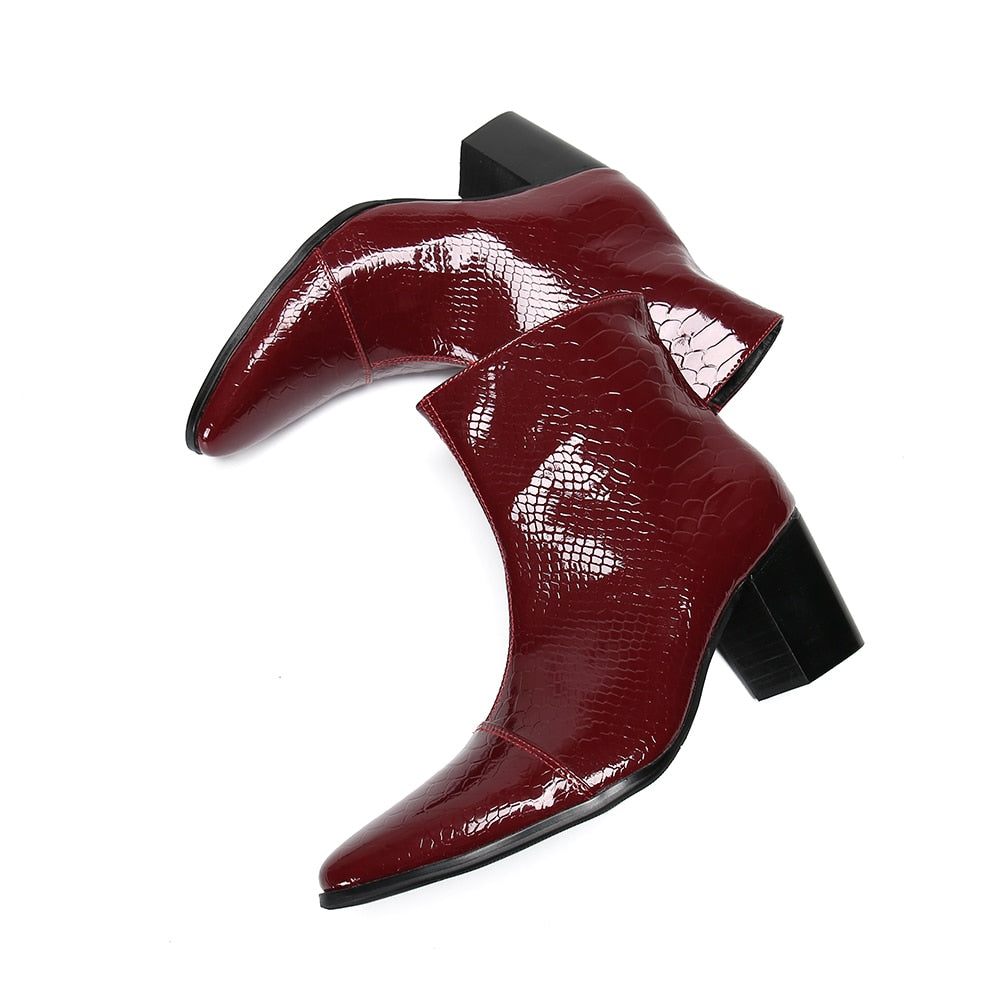 Bottes Pour Hommes Mocassins Habillés Cuir À Talons Hauts Peau Serpent - Rouge