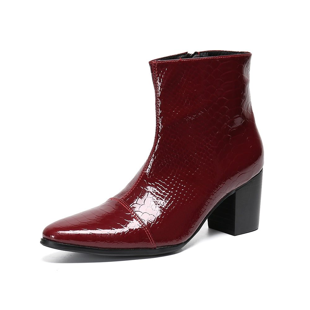 Bottes Pour Hommes Mocassins Habillés Cuir À Talons Hauts Peau Serpent - Rouge