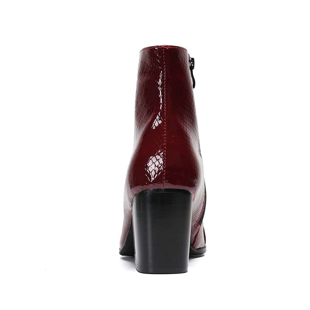 Bottes Pour Hommes Mocassins Habillés Cuir À Talons Hauts Peau Serpent - Rouge