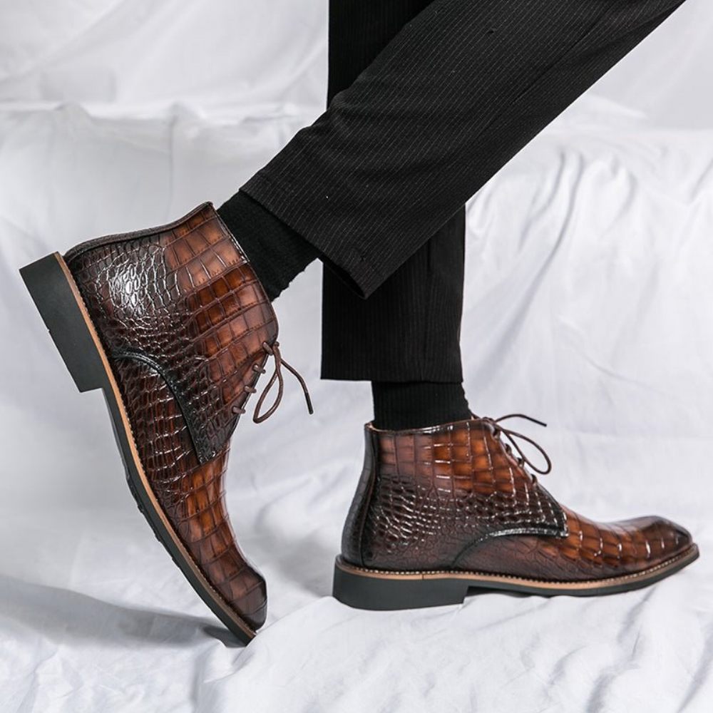 Bottes Pour Hommes Montantes Rétro À Motif Crocodile - Marron 1