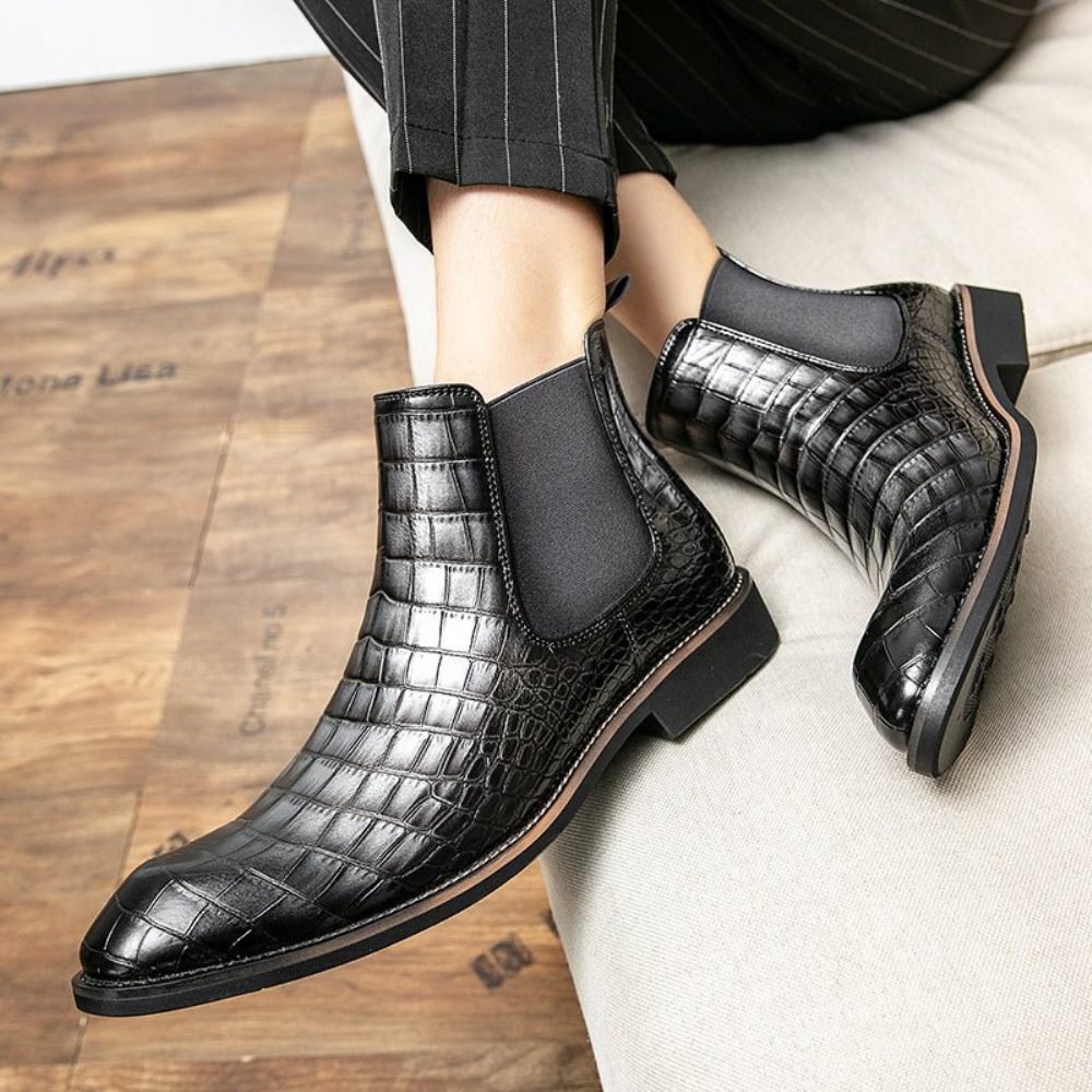 Bottes Pour Hommes Montantes Rétro À Motif Crocodile - Noir 2