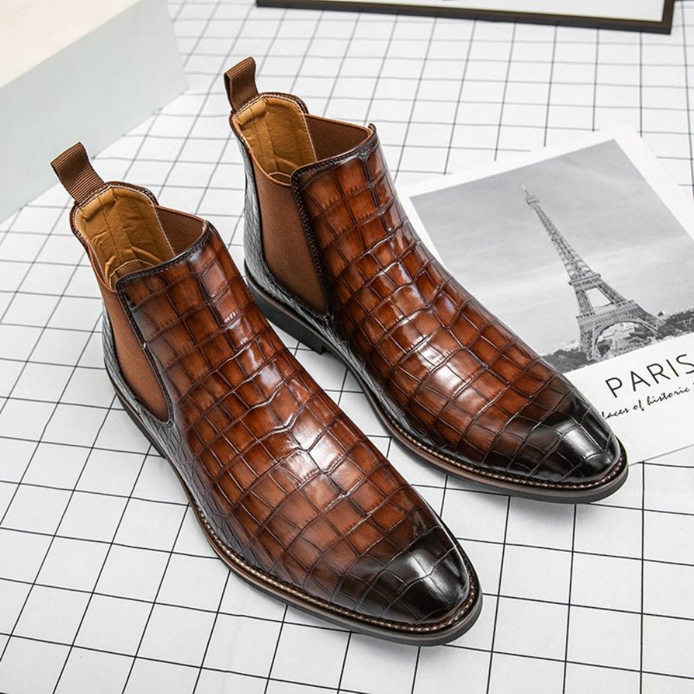 Bottes Pour Hommes Montantes Rétro À Motif Crocodile - Marron 2