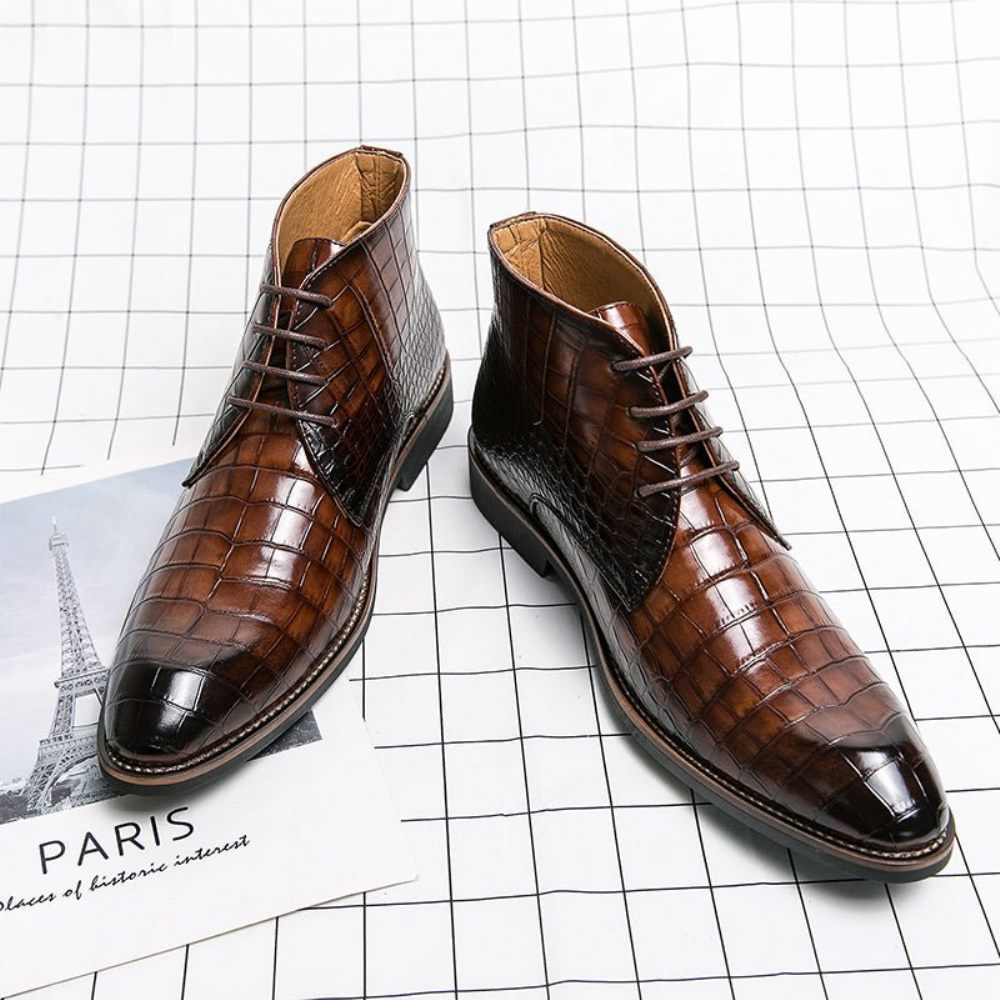 Bottes Pour Hommes Montantes Rétro À Motif Crocodile - Marron 2