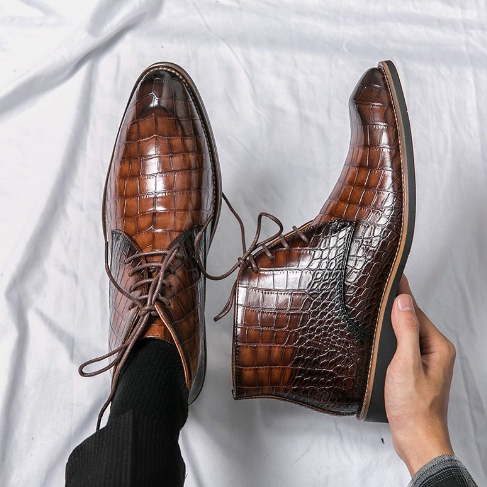 Bottes Pour Hommes Montantes Rétro À Motif Crocodile - Marron 2